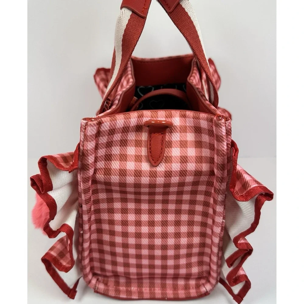 Betsey Johnson Pink Red Gingham LB Ruffle Tote Bag Heart Charm Crossbody NWT